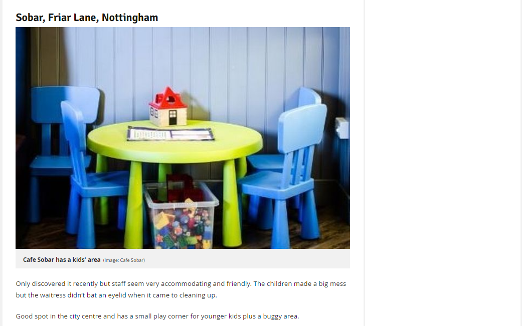 Sobar Cafe - Family Friendly Eateries - Nottingham Post Article: Nottingham mum is championing child-friendly places to eat - and she needs your help