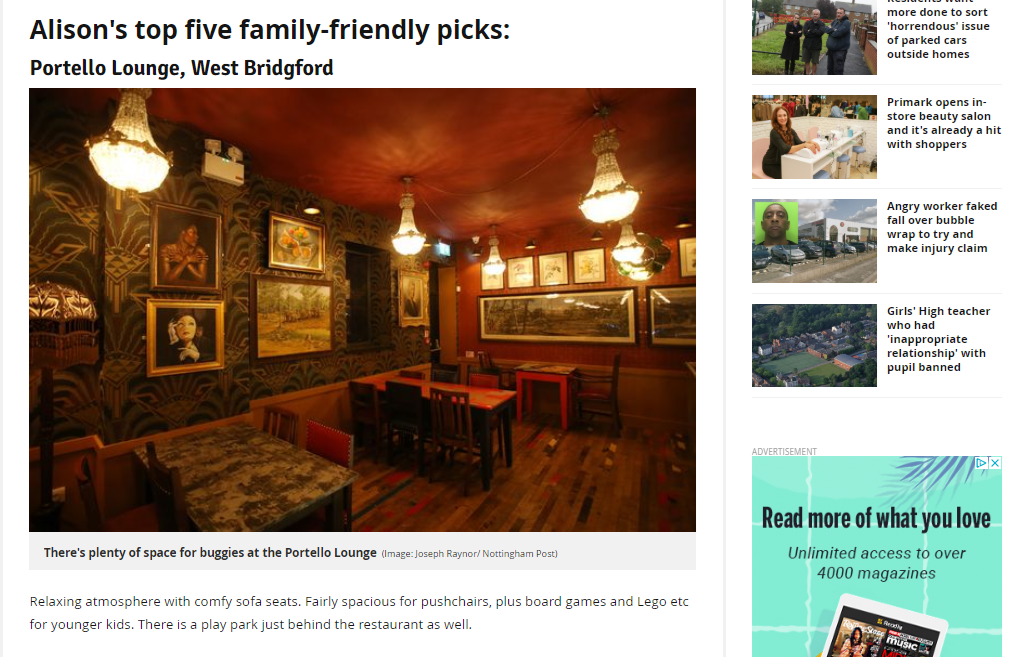 Portello Lounge Family Friendly Eateries - Nottingham Post Article: Nottingham mum is championing child-friendly places to eat - and she needs your help