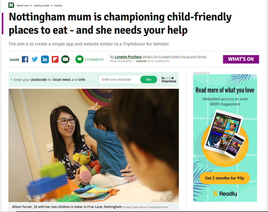 Family Friendly Eateries - Nottingham Post Article: Nottingham mum is championing child-friendly places to eat - and she needs your help