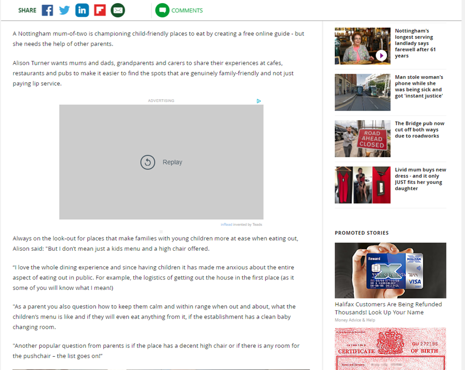 Family Friendly Eateries - Nottingham Post Article: Nottingham mum is championing child-friendly places to eat - and she needs your help